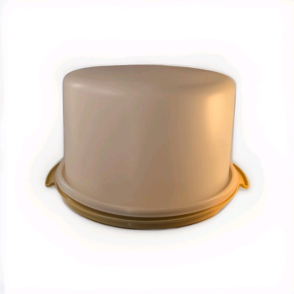 Tupperware Round Cake Carrier Beige Yellow Plastic With Lid Handle